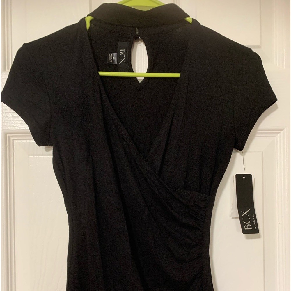 BCX Faux Wrap Black Solid Crepe Knit Short Sleeve Top Size:XS New